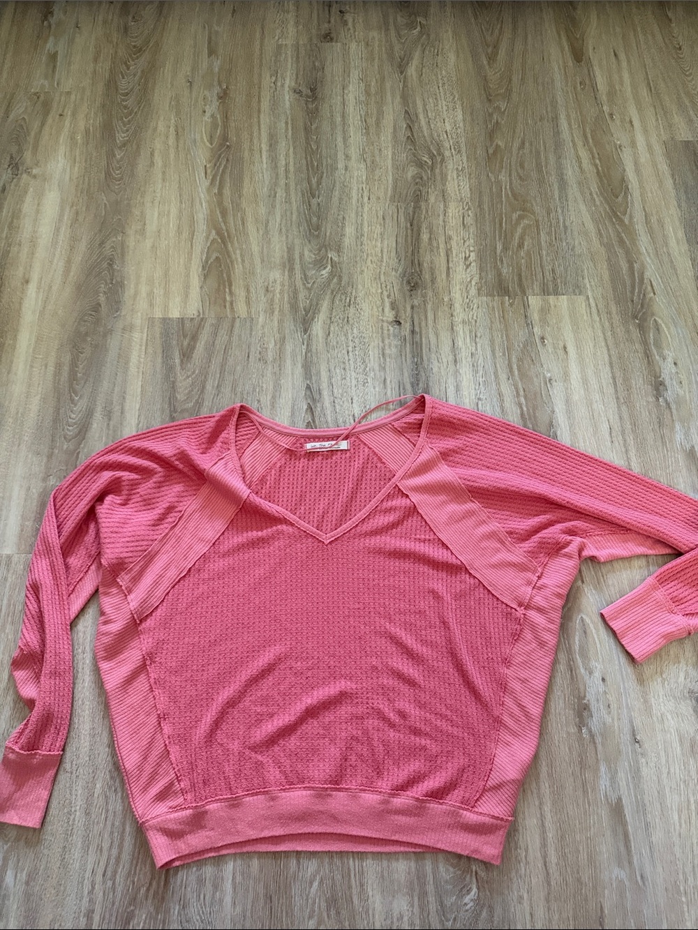 We The Free salmon/Coral Pink V-Neck Waffle-Knit Pullover